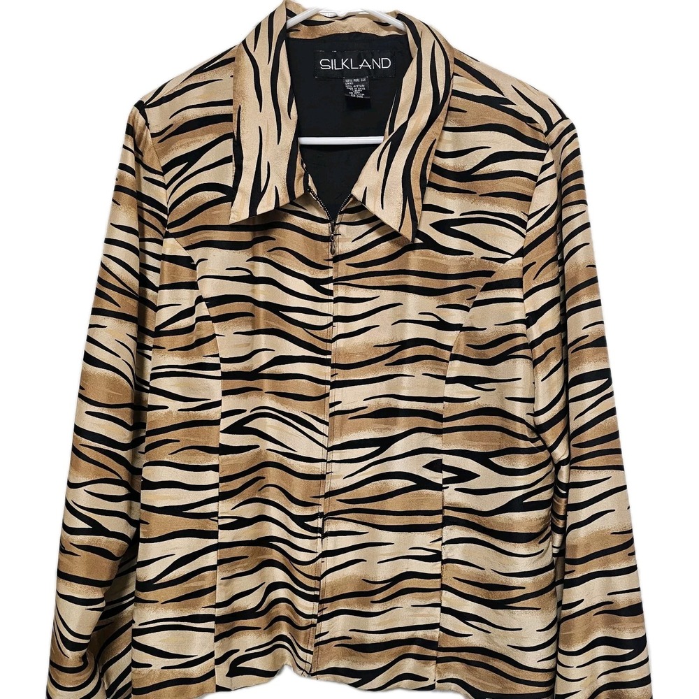 Silkland Women's Jacket 100% Silk Tiger Print Lined  Sz‎ 16 Front Zip EUC